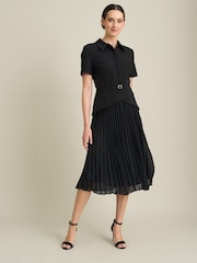 Gina Bacconi Black Sam Belted Pleated Midi Dress - Image 1 of 6