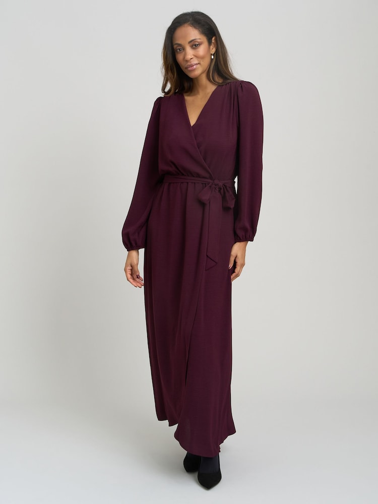 Gina Bacconi Red Gena Bow Wrap Long Sleeve Maxi Dress - Image 1 of 7 Gina Bacconi Red Gena Bow Wrap Long Sleeve Maxi Dress - Image 1 of 7