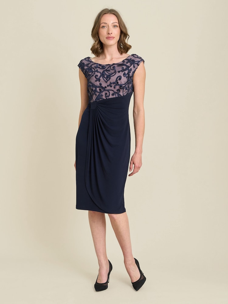 Gina Bacconi Blue Jana Embroidered Neck Cocktail Dress - Image 1 of 6 Gina Bacconi Blue Jana Embroidered Neck Cocktail Dress - Image 1 of 6