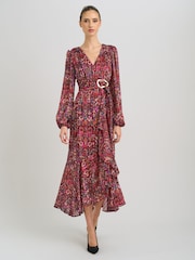Gina Bacconi Red Sharron Printed Wrap Midi Dress - Image 1 of 5