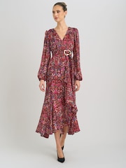 Gina Bacconi Red Sharron Printed Wrap Midi Dress - Image 3 of 5