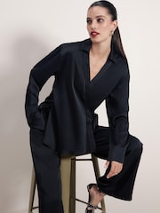 Black Satin Wrap Long Sleeve Shirt - Image 1 of 4