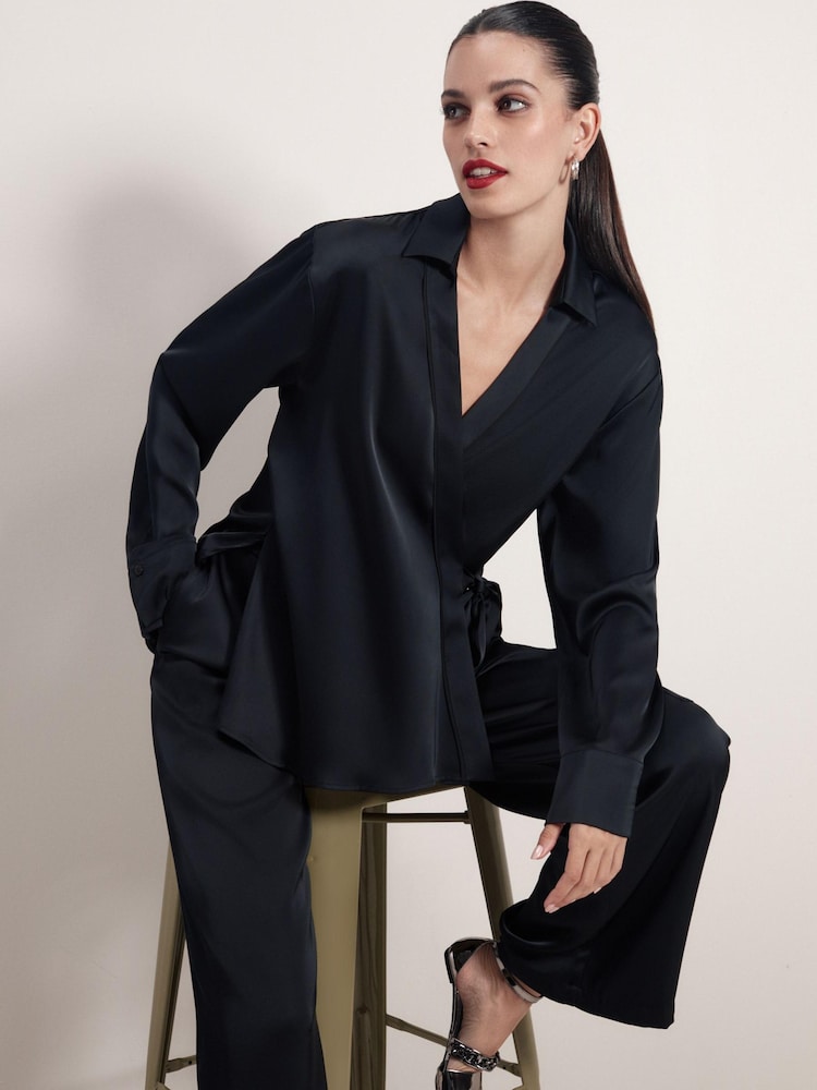 Black Satin Wrap Long Sleeve Shirt - Image 1 of 4