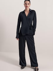 Black Satin Wrap Long Sleeve Shirt - Image 2 of 4