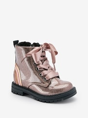 Rose Gold Pink Standard Fit (F) Warm Lined Lace-Up Boots - Image 2 of 10