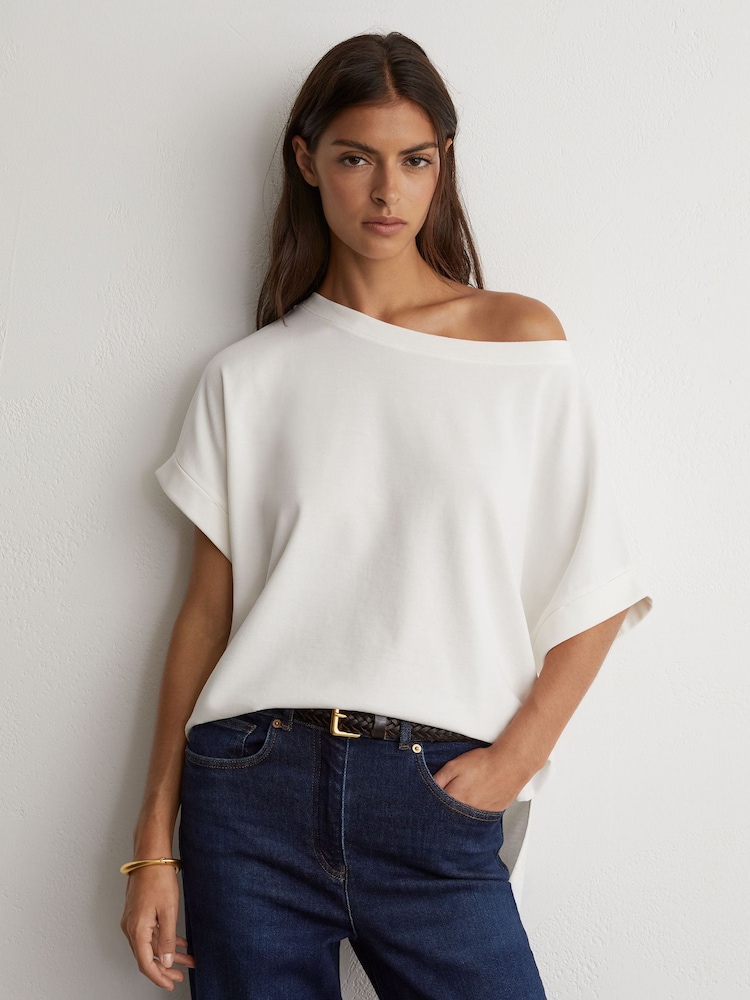 Reiss White Sia Cotton Off-Shoulder T-Shirt - Image 1 of 6 Reiss White Sia Cotton Off-Shoulder T-Shirt - Image 1 of 6