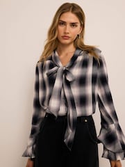 Mint Velvet Grey Check Pussybow Blouse - Image 1 of 7