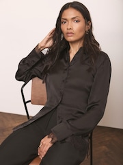 Mint Velvet Black Satin Lace Trim Shirt - Image 5 of 7