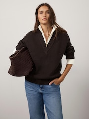 Mint Velvet Brown Layered Funnel Neck Zip Jumper - Image 3 of 8