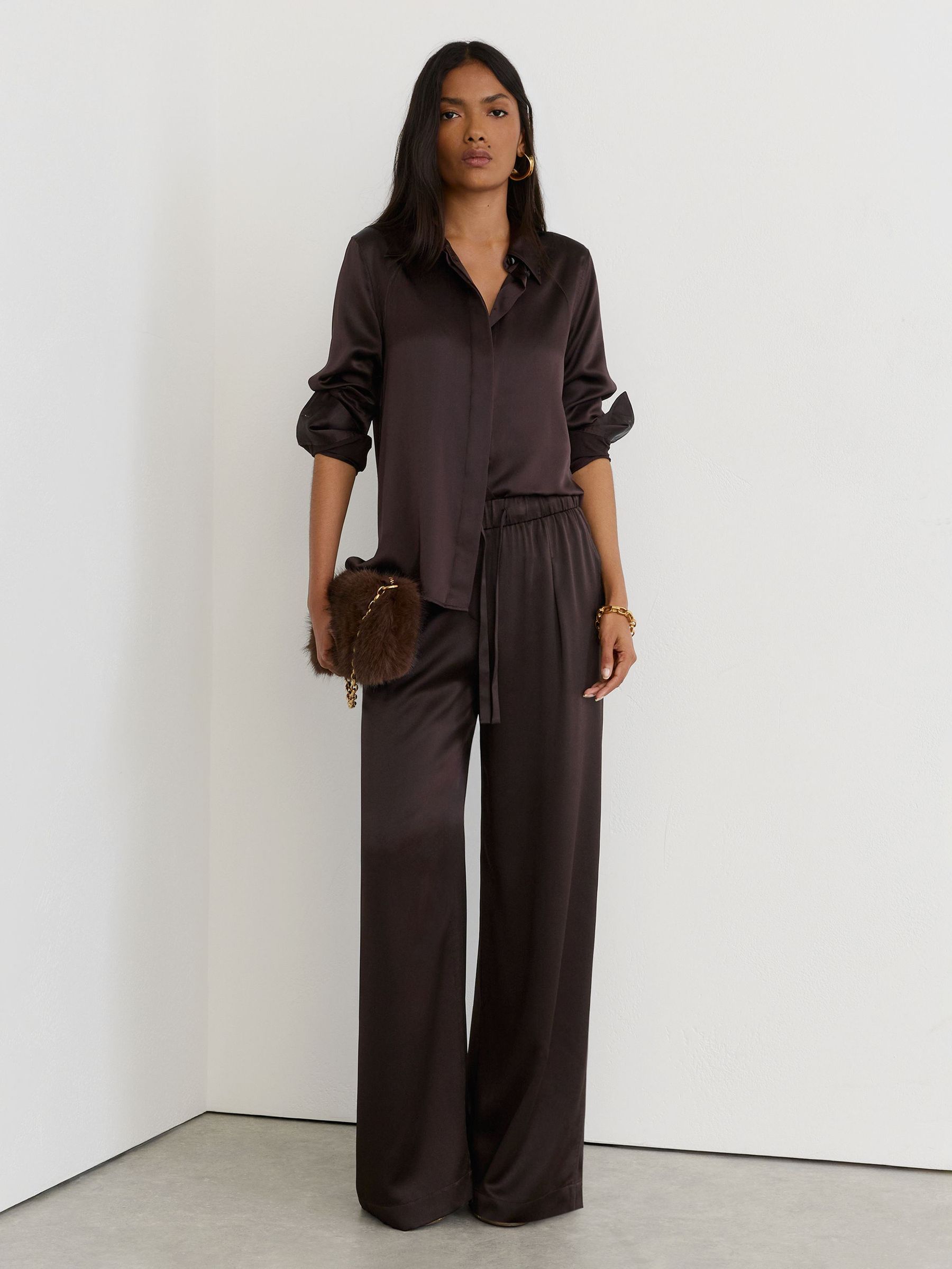 Reiss Grape Burgundy Maria Petite Silk Wide-leg Trousers In Brown