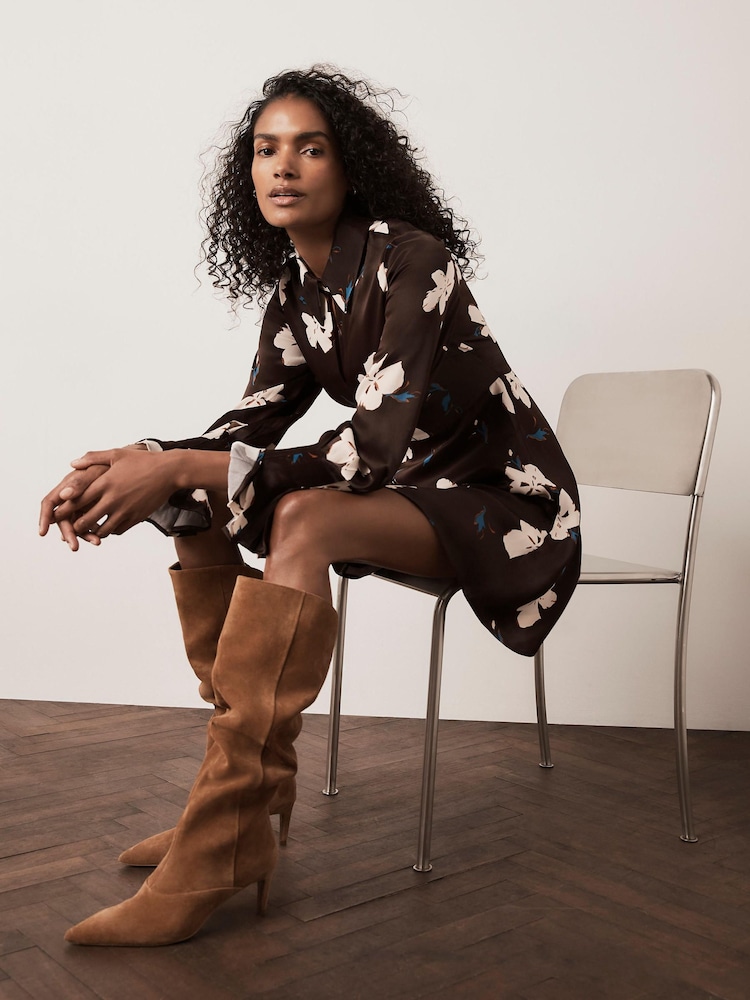 Mint Velvet Brown Floral Print Satin Mini Dress - Image 2 of 8 Mint Velvet Brown Floral Print Satin Mini Dress - Image 2 of 8