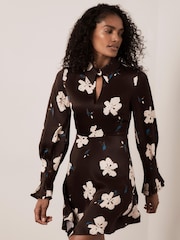 Mint Velvet Brown Floral Print Satin Mini Dress - Image 3 of 8