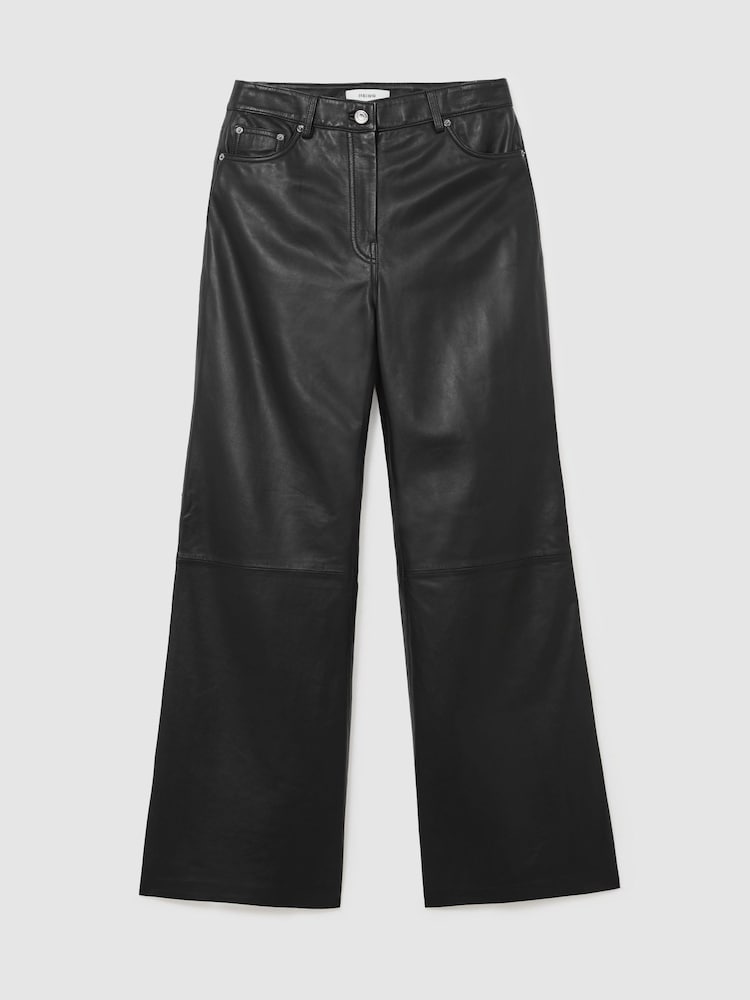 Reiss Black Jas Leather High-Rise Wide-Leg Trousers - Image 2 of 6 Reiss Black Jas Leather High-Rise Wide-Leg Trousers - Image 2 of 6