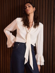 Mint Velvet Cream Satin Pussybow Blouse - Image 1 of 8