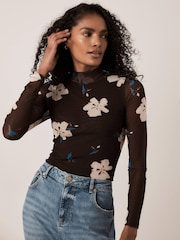 Mint Velvet Brown Floral Mesh High Neck Top - Image 1 of 6