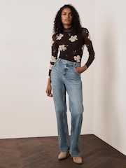 Mint Velvet Brown Floral Mesh High Neck Top - Image 3 of 6