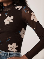 Mint Velvet Brown Floral Mesh High Neck Top - Image 4 of 6
