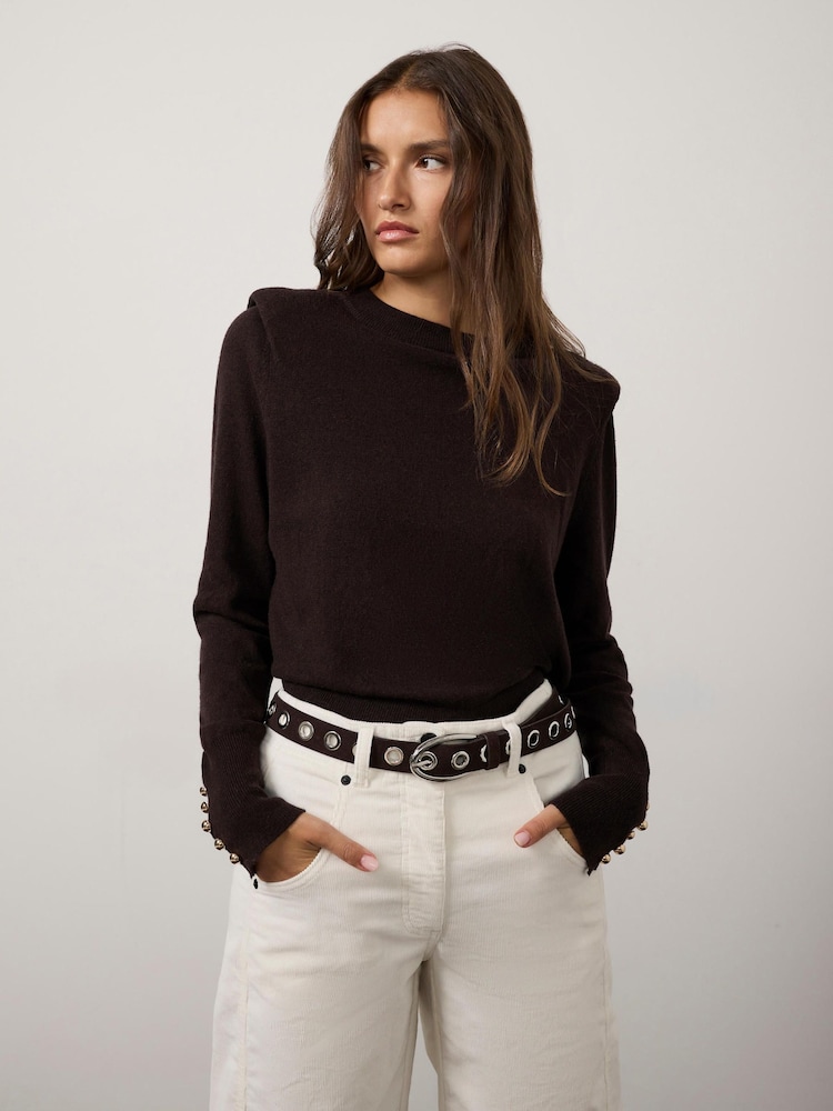 Mint Velvet Brown Shoulder Pad Knit Jumper - Image 1 of 7 Mint Velvet Brown Shoulder Pad Knit Jumper - Image 1 of 7