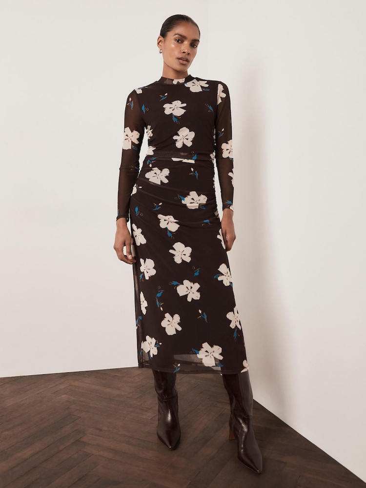 Mint Velvet Dark Brown Mesh Midi Dress - Image 1 of 8 Mint Velvet Dark Brown Mesh Midi Dress - Image 1 of 8