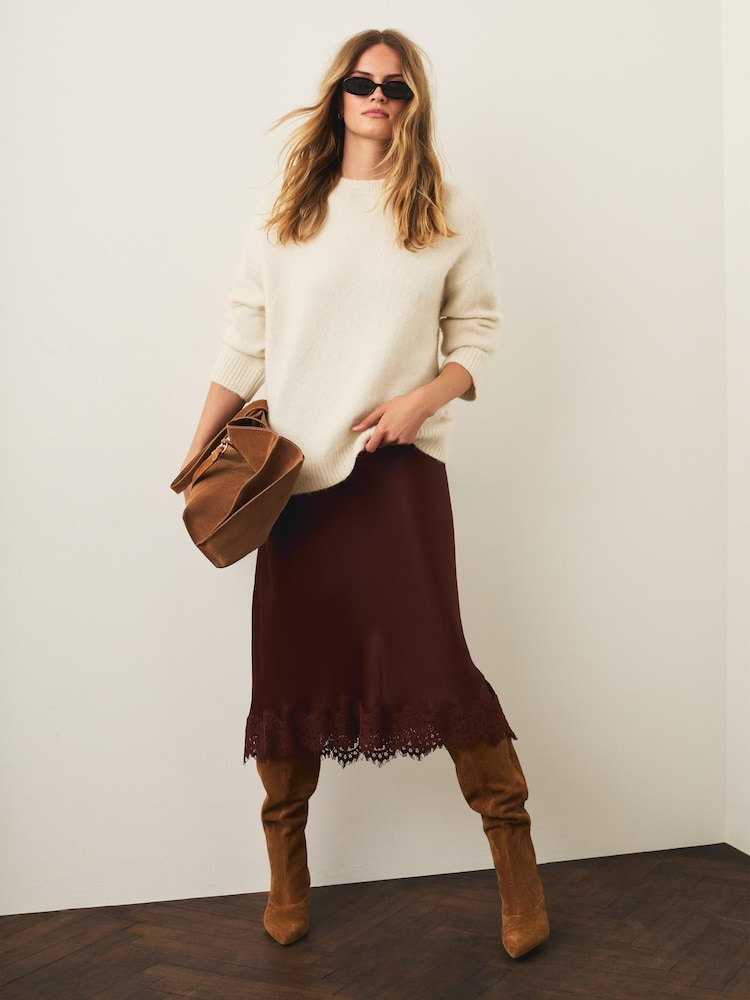 Mint Velvet Brown Satin Lace Maxi Skirt - Image 1 of 7