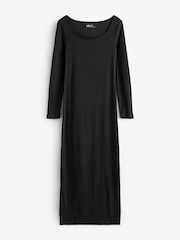 Schwarz - Geripptes, wadenlanges Kleid mit langen Ärmeln und U-Ausschnitt - Bild 5 von 6