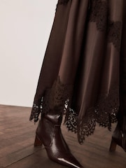 Mint Velvet Brown Satin Lace Trim Midi Skirt - Image 3 of 8