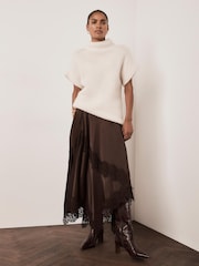 Mint Velvet Brown Satin Lace Trim Midi Skirt - Image 5 of 8