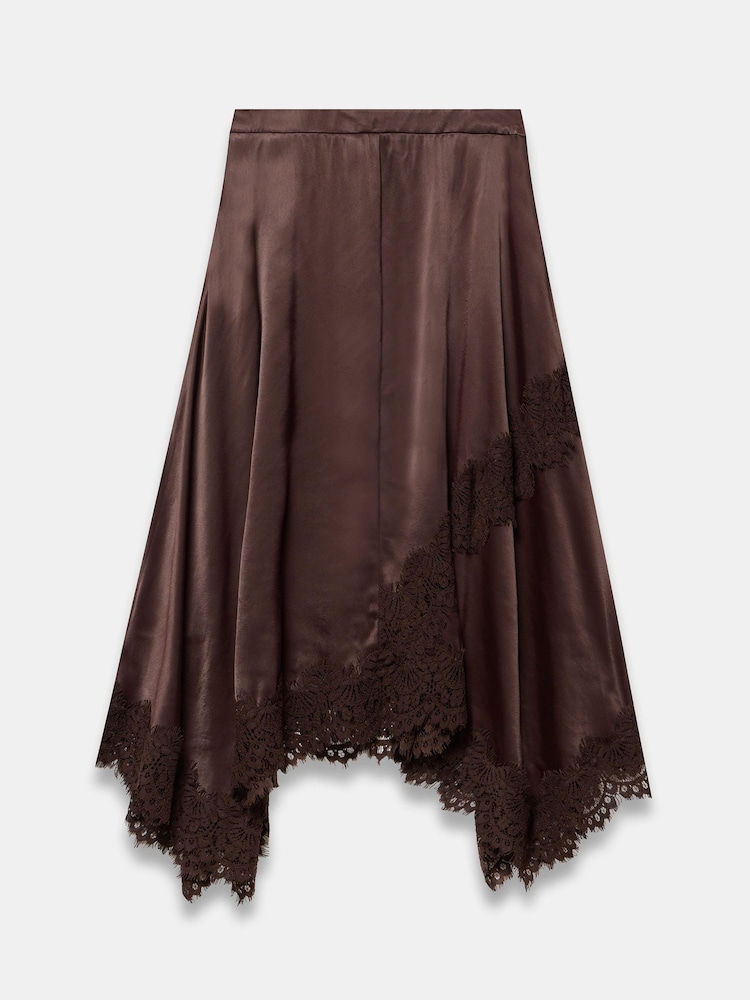 Mint Velvet Brown Satin Lace Trim Midi Skirt - Image 8 of 8