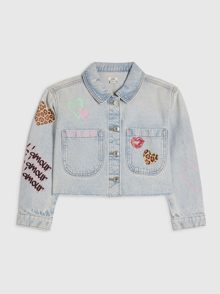 River Island Blue Leopard Heart Denim Jacket - Image 1 of 4