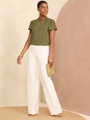 Love & Roses Khaki Green Beaded Metallic Flutter Sleeve Blouse - Image 4 of 4