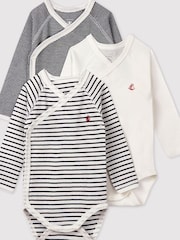 Petit Bateau Navy Stripe Iconic Rib Long Sleeve Bodysuits Three Pack - Image 1 of 4
