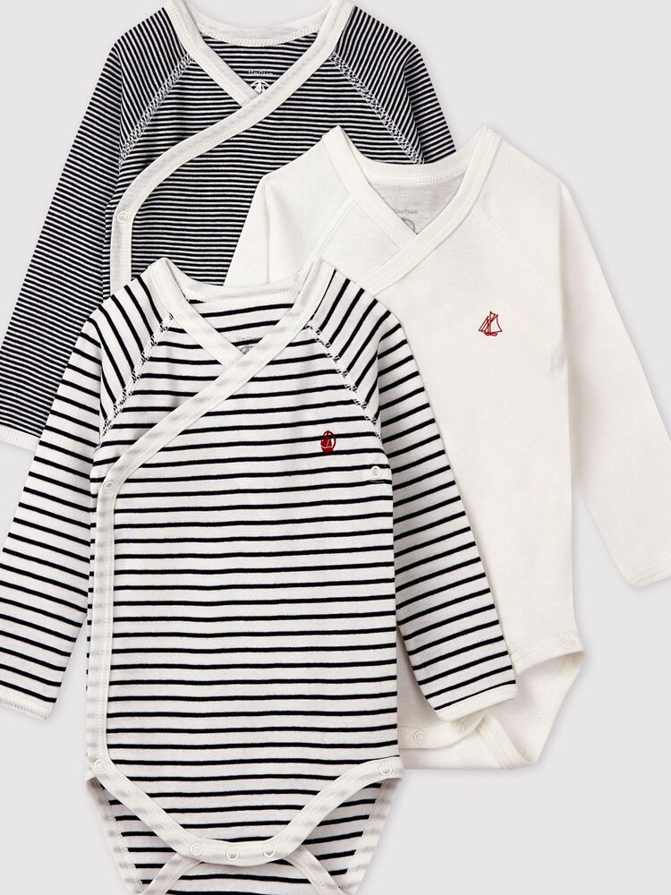 Petit Bateau Navy Stripe Iconic Rib Long Sleeve Bodysuits Three Pack - Image 1 of 4