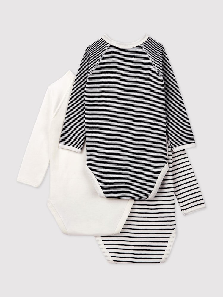 Petit Bateau Navy Stripe Iconic Rib Long Sleeve Bodysuits Three Pack - Image 2 of 4