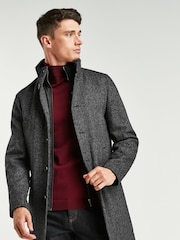 Charcoal Grey Wool Blend Mock Gilet Herringbone Padded Coat - Image 1 of 8
