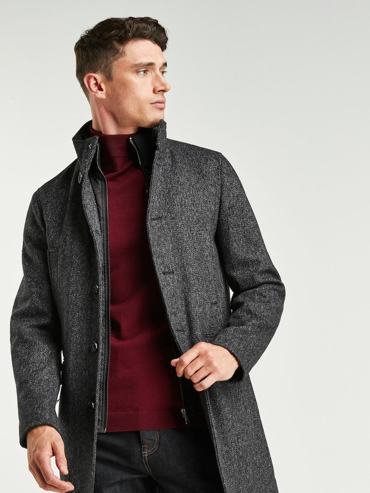 Charcoal Grey Wool Blend Mock Gilet Herringbone Padded Coat - Image 1 of 8