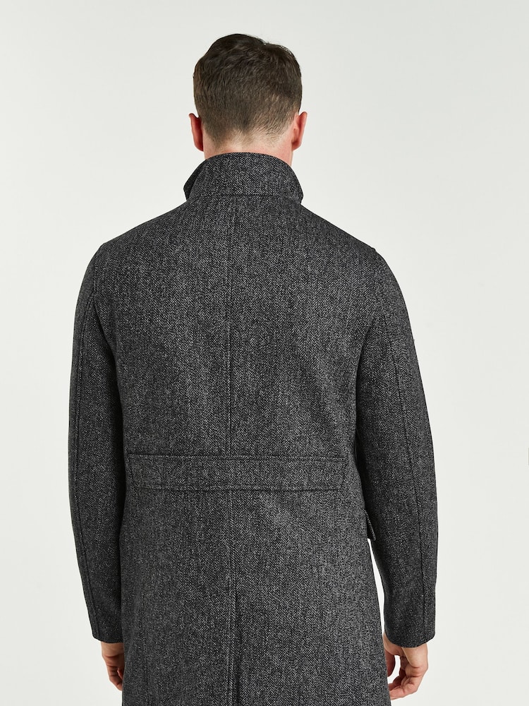 Charcoal Grey Wool Blend Mock Gilet Herringbone Padded Coat - Image 2 of 8
