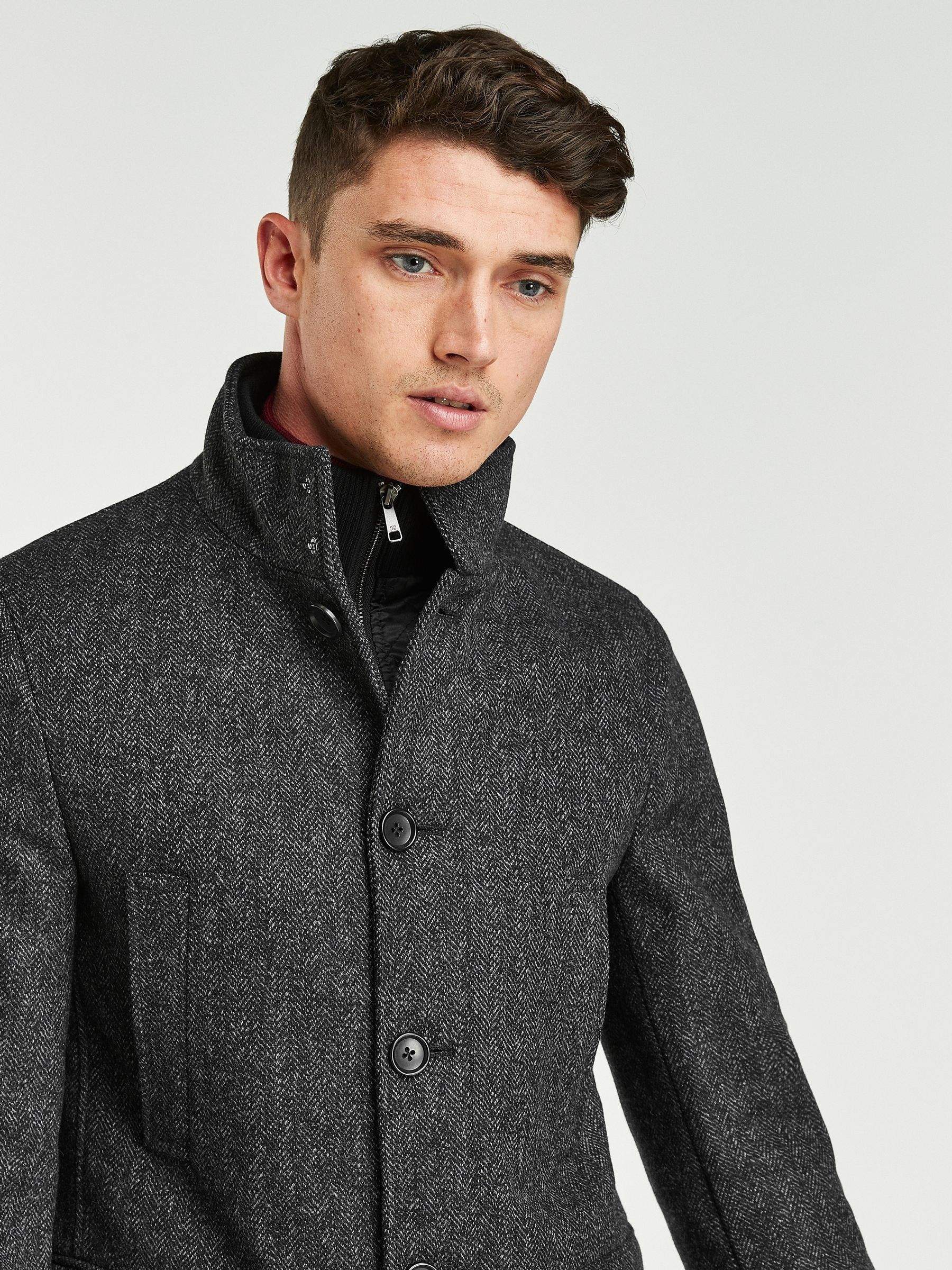 Buy Charcoal Grey Wool Blend Mock Gilet Herringbone Padded Coat