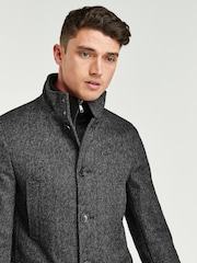 Charcoal Grey Wool Blend Mock Gilet Herringbone Padded Coat - Image 3 of 8