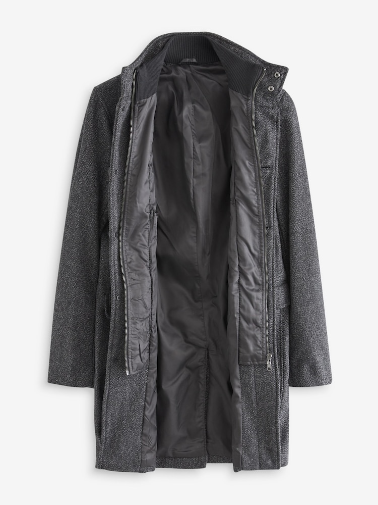 Charcoal Grey Wool Blend Mock Gilet Herringbone Padded Coat - Image 4 of 8