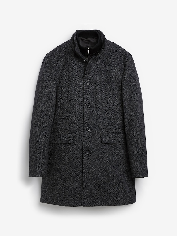 Charcoal Grey Wool Blend Mock Gilet Herringbone Padded Coat - Image 5 of 8