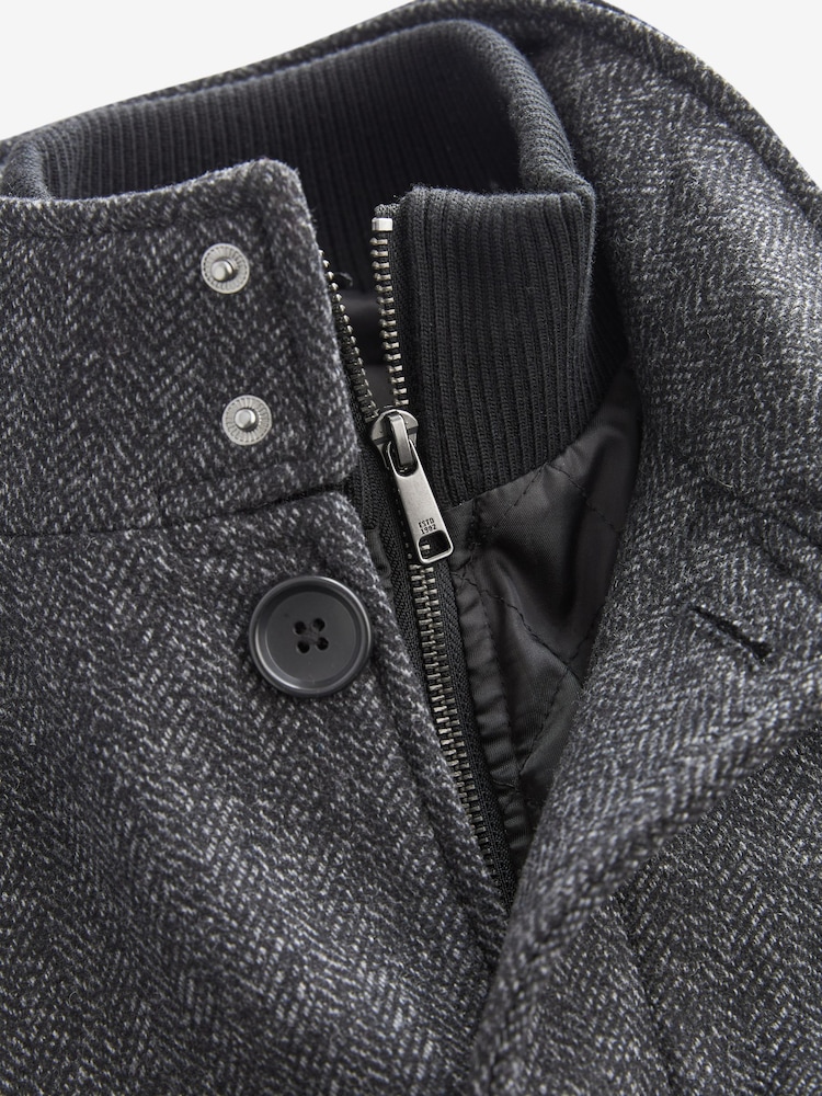 Charcoal Grey Wool Blend Mock Gilet Herringbone Padded Coat - Image 6 of 8