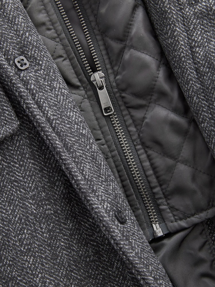 Charcoal Grey Wool Blend Mock Gilet Herringbone Padded Coat - Image 7 of 8
