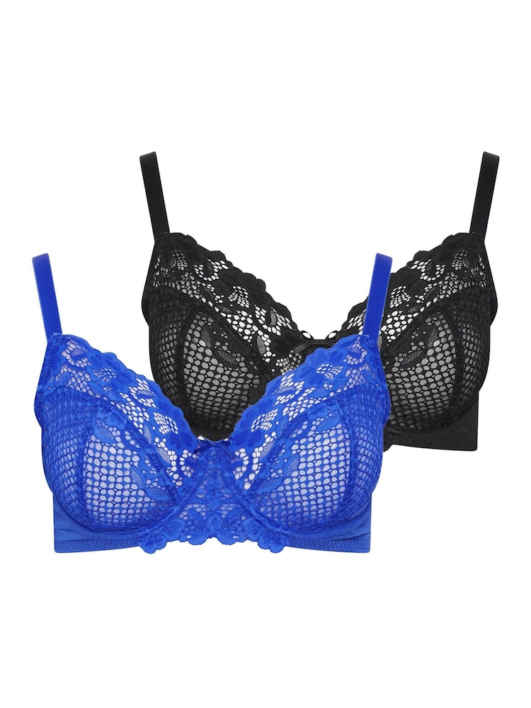 Yours Curve Blue Lace Trim Underwired Non-Padded Bras 2 Pack - Image 1 of 5 Yours Curve Blue Lace Trim Underwired Non-Padded Bras 2 Pack - Image 1 of 5