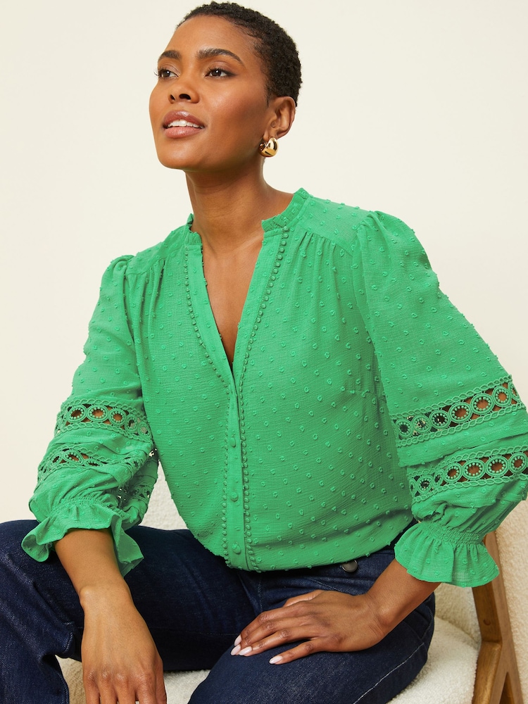 Love & Roses Green 3/4 Sleeve V Neck Dobby Blouse - Image 1 of 4 Love & Roses Green 3/4 Sleeve V Neck Dobby Blouse - Image 1 of 4