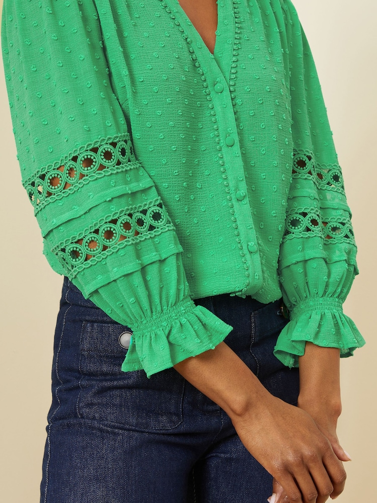 Love & Roses Green 3/4 Sleeve V Neck Dobby Blouse - Image 2 of 4 Love & Roses Green 3/4 Sleeve V Neck Dobby Blouse - Image 2 of 4