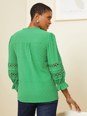 Love & Roses Green 3/4 Sleeve V Neck Dobby Blouse - Image 3 of 4