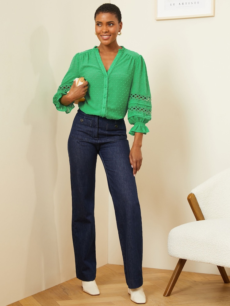 Love & Roses Green 3/4 Sleeve V Neck Dobby Blouse - Image 4 of 4 Love & Roses Green 3/4 Sleeve V Neck Dobby Blouse - Image 4 of 4