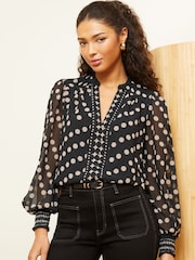 Love & Roses Black and White Polka Dot Notch Neck Printed Blouse - Image 1 of 4