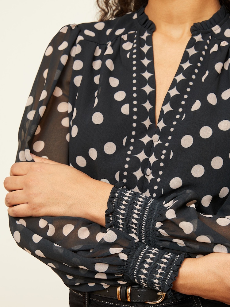 Love & Roses Black and White Polka Dot Notch Neck Printed Blouse - Image 2 of 4
