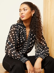 Love & Roses Black and White Polka Dot Notch Neck Printed Blouse - Image 3 of 4